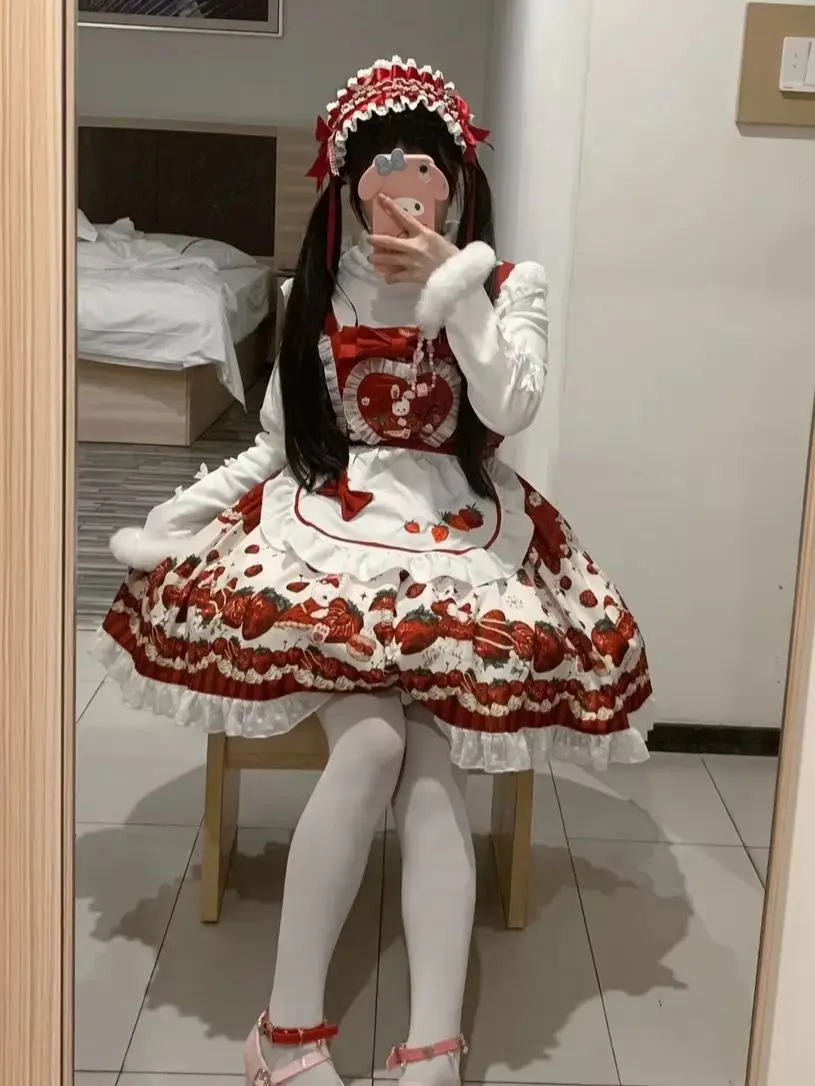 Kawaii Bunny Red Strawberry Sweet Lolita JSK Dress Set Cute Maid Apron Fluffy Dress Outfit for Women Japanese Plus Size Daily