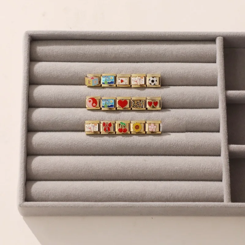 روابط إيطالية بتصميم زهرة الشمس والقلب والكرز وكرة القدم والفهد بلون ذهبي تناسب أساور 9 مم من الفولاذ المقاوم للصدأ للرجال والنساء لصنع الهدايا يدويًا - 5