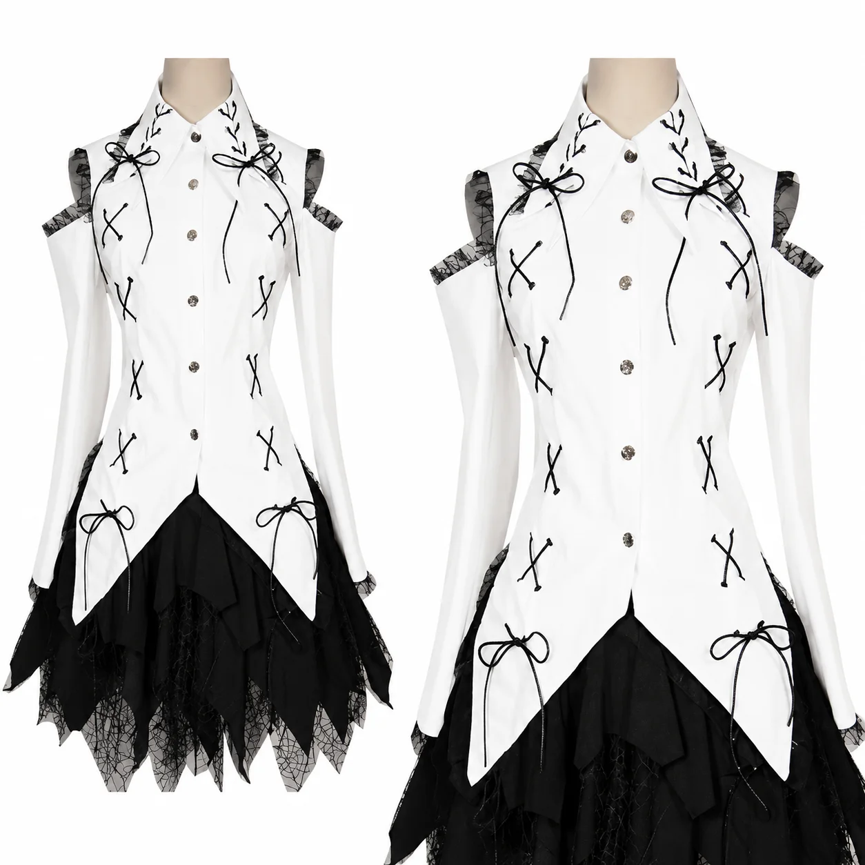 Gothic Lolita White Shirt Black Layered Skirt Bow Lace Trim Dress Cosplay Costume Women Custom Made[CK1025]