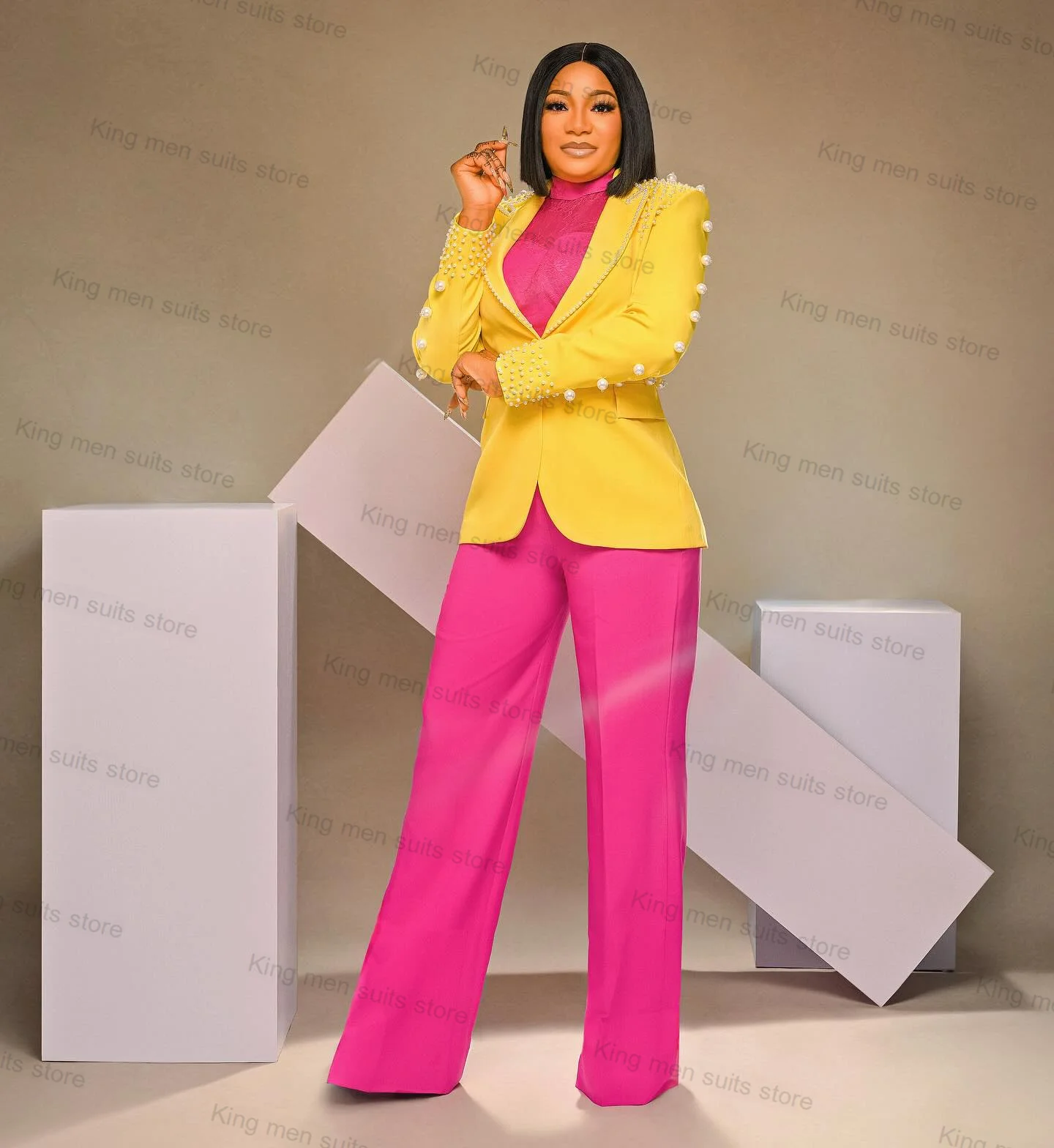 Pearls Yellow Wedding Women Suit Pants Set 2 Piece Blazer+Pink Trouser Formal Office Lady Jacket Tailored Prom Dress Coat