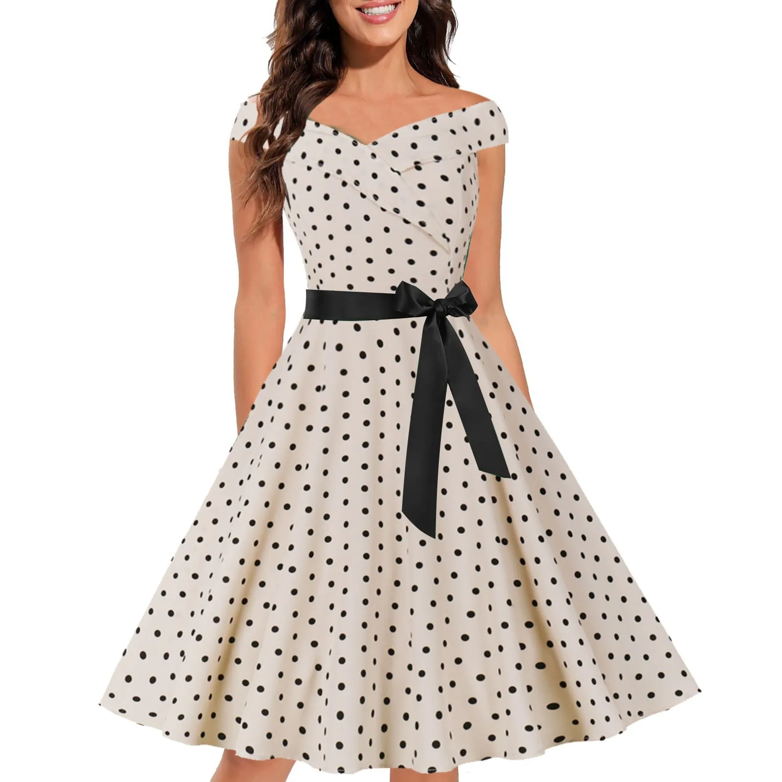 Women\'s Vintage Cocktail Dress 1950s Retro Sleeveless Polka Dot Swing Party Dress Loose Casual Waist Bow Tie Fashion Dress