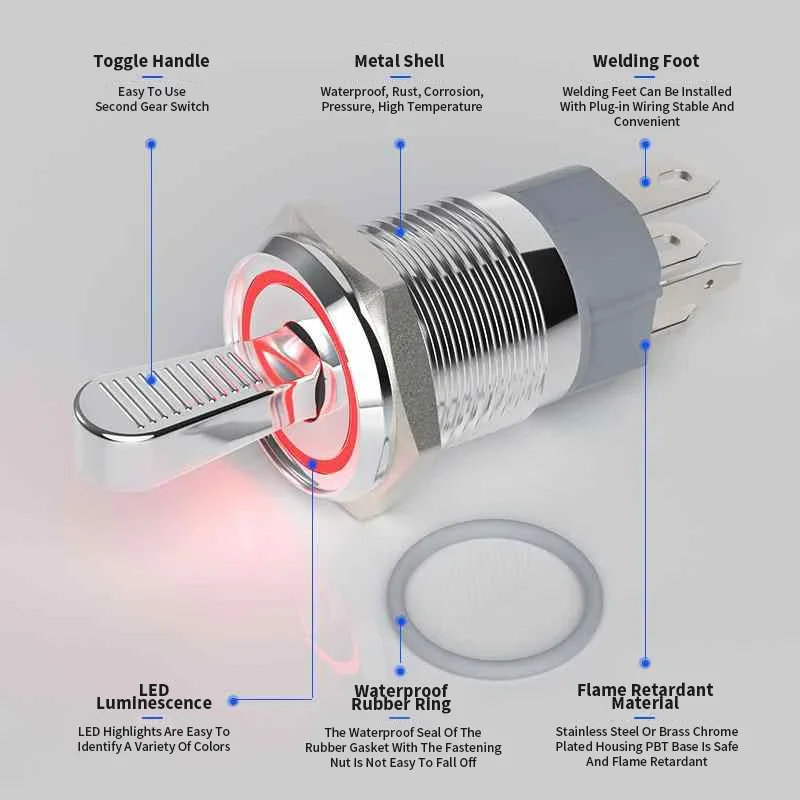 10A 16MM Metal Toggle Switch Waterproof Self-locking Toggle Button with LED Light 1NO1NC/2NO ON-OFF Slide Power Power Buttons