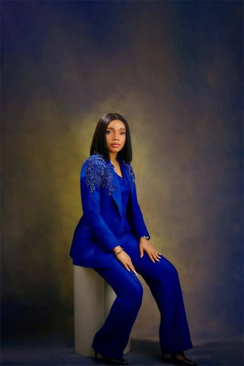 Royal Blue Formal Women Suits Set 2 Piece Stone Blazer+Pants Trousers Customized Office Lady Jacket Wedding Tuxedos Party Coat