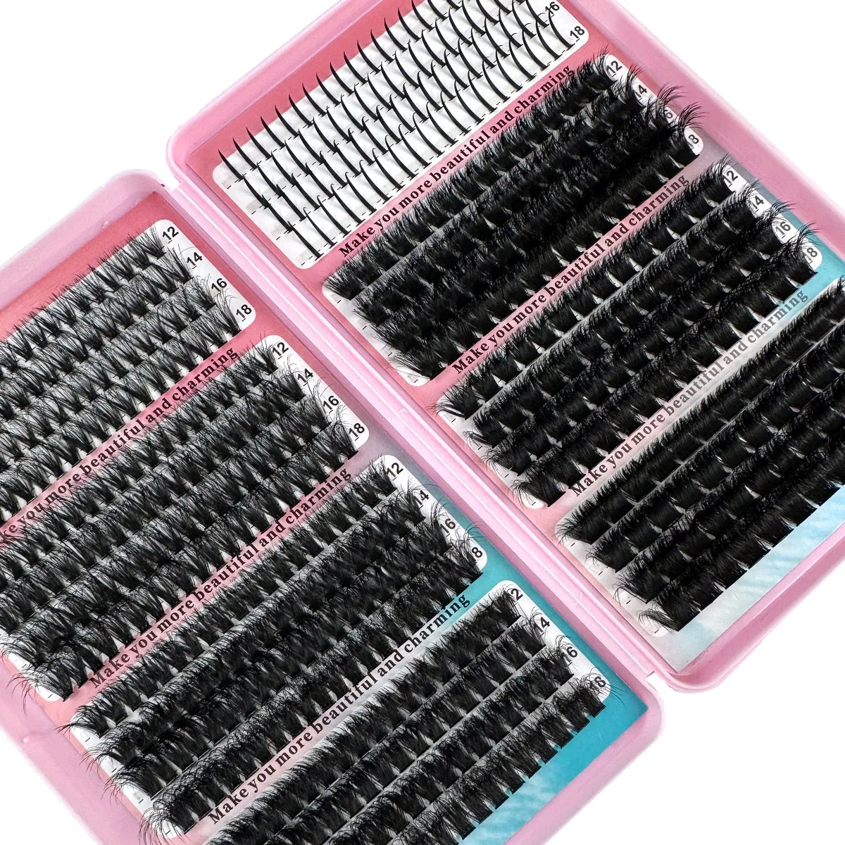 Sztuczne rzęsy w formie kępki, model Spikes/200D, 560 sztuk, grube i puszyste rzęsy, grubość 0,07 mm, długość mieszana 12-18 mm, efekt dramatyczny.