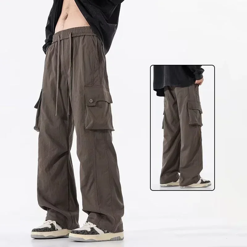 Streetwear Veelzijdige Wijde Pijpen Broek Mannen Rechte Pijpen Cargo Broek Mannelijke Koreaanse Multi Pocket Elastische Taille Casual Retro Broek