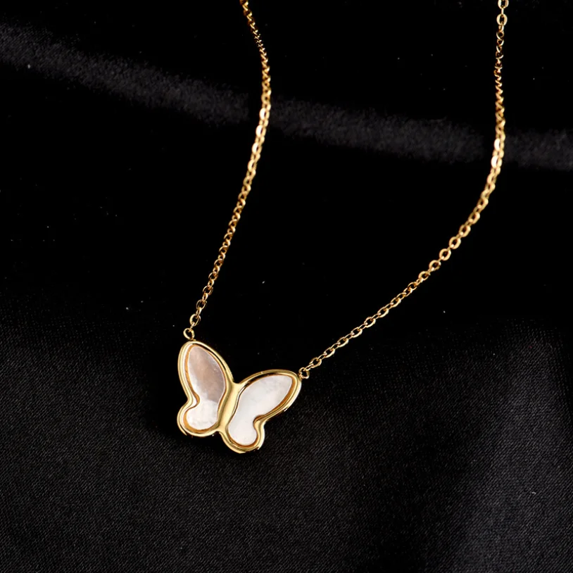 316L Stainless Steel New Fashion Upscale Jewelry Minimalism Embed Shell Butterfly Charms Chain Choker Necklace Pendant For Women