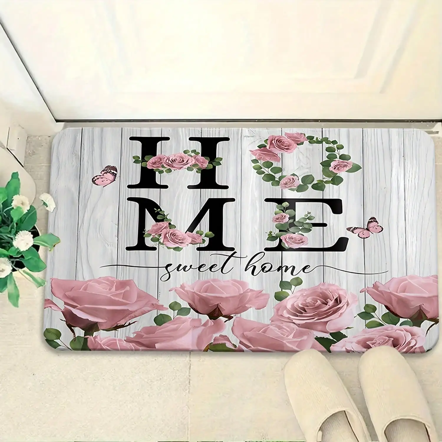 1pc Soft Flannel Non-Slip Machine Washable Mat - Wood Plank Texture With Pink Roses & 