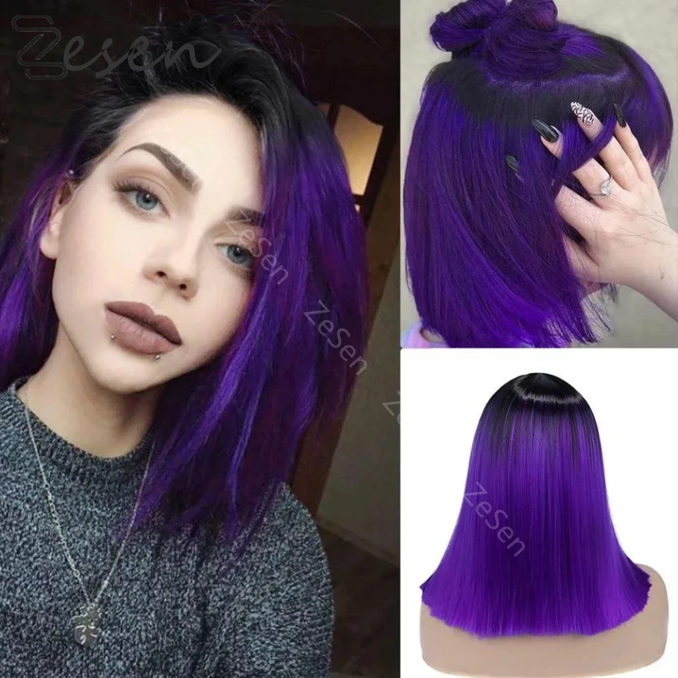 Synthetic Lace Wig Straight Hair Wigs 14 Inch Bob Wig Ombre Purple Wigs For Black Women Heat Resistant Hair Cosplay Wigs