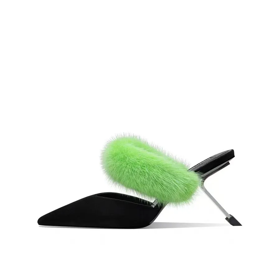 

Полутапочки из сказочного меха с острым носком, уличная одежда, модные босоножки на высоком каблуке с острым носком, женские сабо с цветными блоками