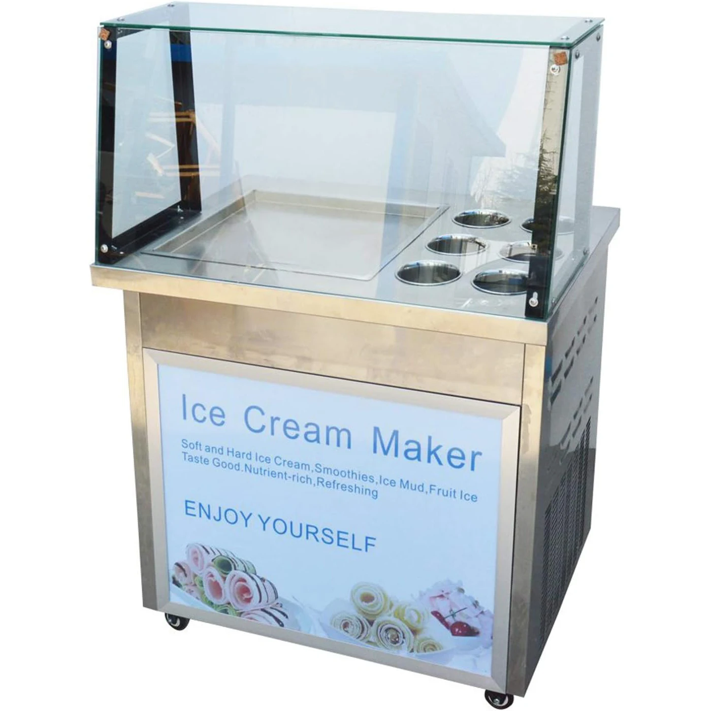 Máquina comercial de helado frito, máquina para hacer rollos de hielo de acero inoxidable, máquina de helado para freír yogur con seis cubos y dos palas