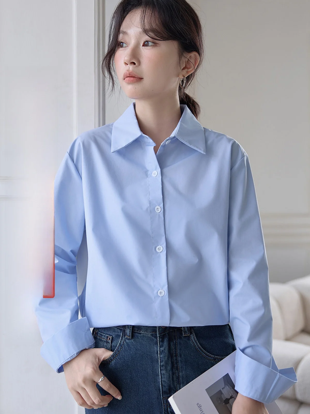 

Blue Collar Long Sve irt Women's Winter New Sle Simple Match All HuiXi Ding Series Skin-friendly Breathable