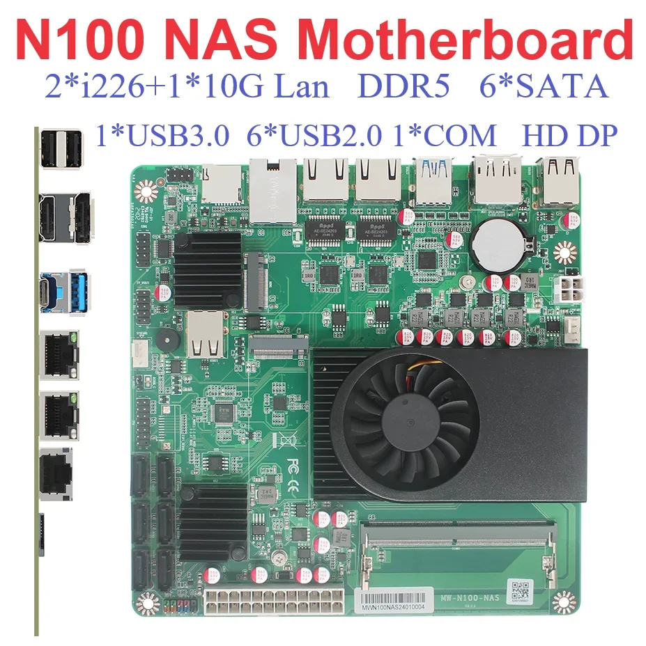 SZBOX N100 NAS Motherboard 10G LAN Port 2*i226 DDR5 4800MHz Support Up To 32GB 6*SATA 1*USB3.0 6*USB2.0 1*COM HD DP Full Type-C