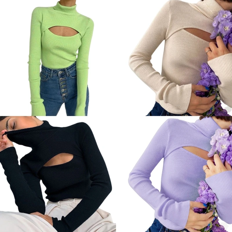 

Women Long Sleeve Turtleneck Sweater Sexy Cut Out Keyhole Front Ribbed Knit Pullover Top Solid Color Jumper Shirt Dropship