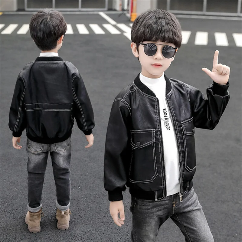 

Boys Coat Jacket Cotton Outerwear Overcoat 2023 Cool PU Spring Autumn Sport High Quality Children's Warm Clothing