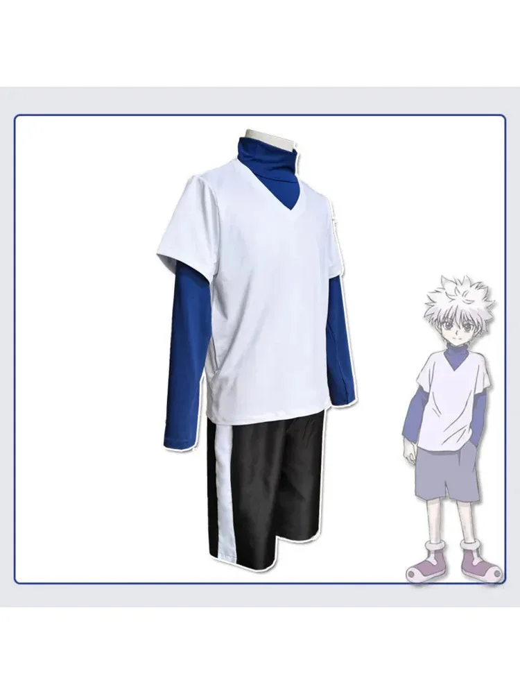헌터 x 헌터 Killua Zoldyck 코스프레 의상 번호 99 배지 할로윈 크리스마스 파티 코스프레 정장 셔츠 짧은 흰색 가발