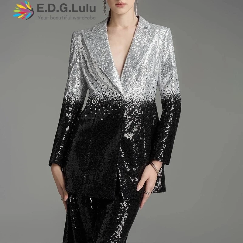 EDGLuLu 2025 Nieuwe vrouwen Zwart-wit Pailletten Jasje + Hoge Taille Rechte Broek Tweedelige Set Mode Dames 0817