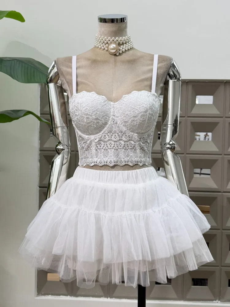 DFDG Dames Lente Zomer Beige Kant Cami Tule Rok Set Gelaagde Zoom Vrijetijdskleding 2025, Trendy Vrouwelijke Mode Outfit Set