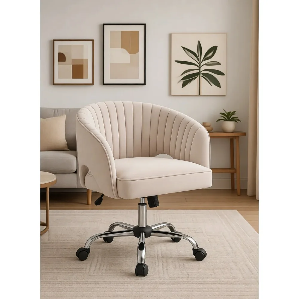 Velvet Makeup Vanity Chair: Channel-Tufted Swivel, Soft Foam-Padded, Adjustable Height, Tilt & Smooth-Rolling Casters