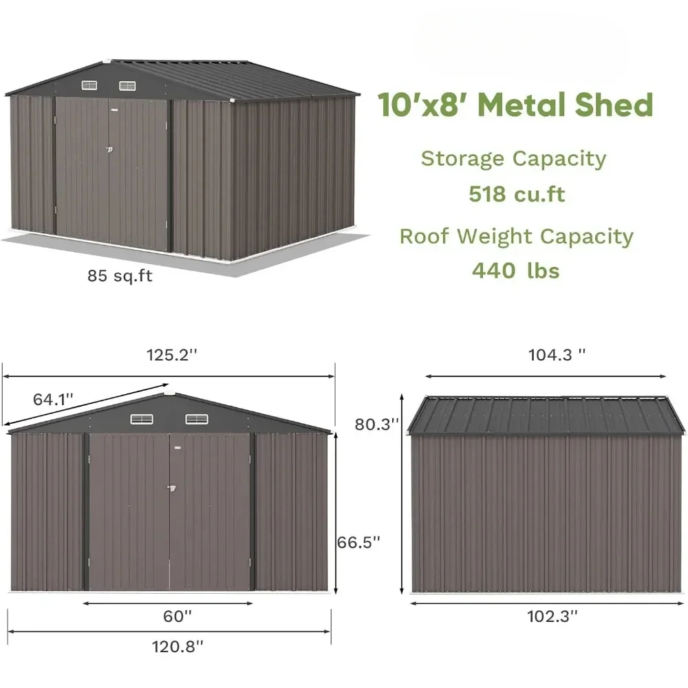 Szopa do przechowywania na zewnątrz 10x8 FT, duża metalowa szopa na narzędzia ogrodowe z pochylonym dachem i podwójnymi zamykanymi drzwiami Cabanons