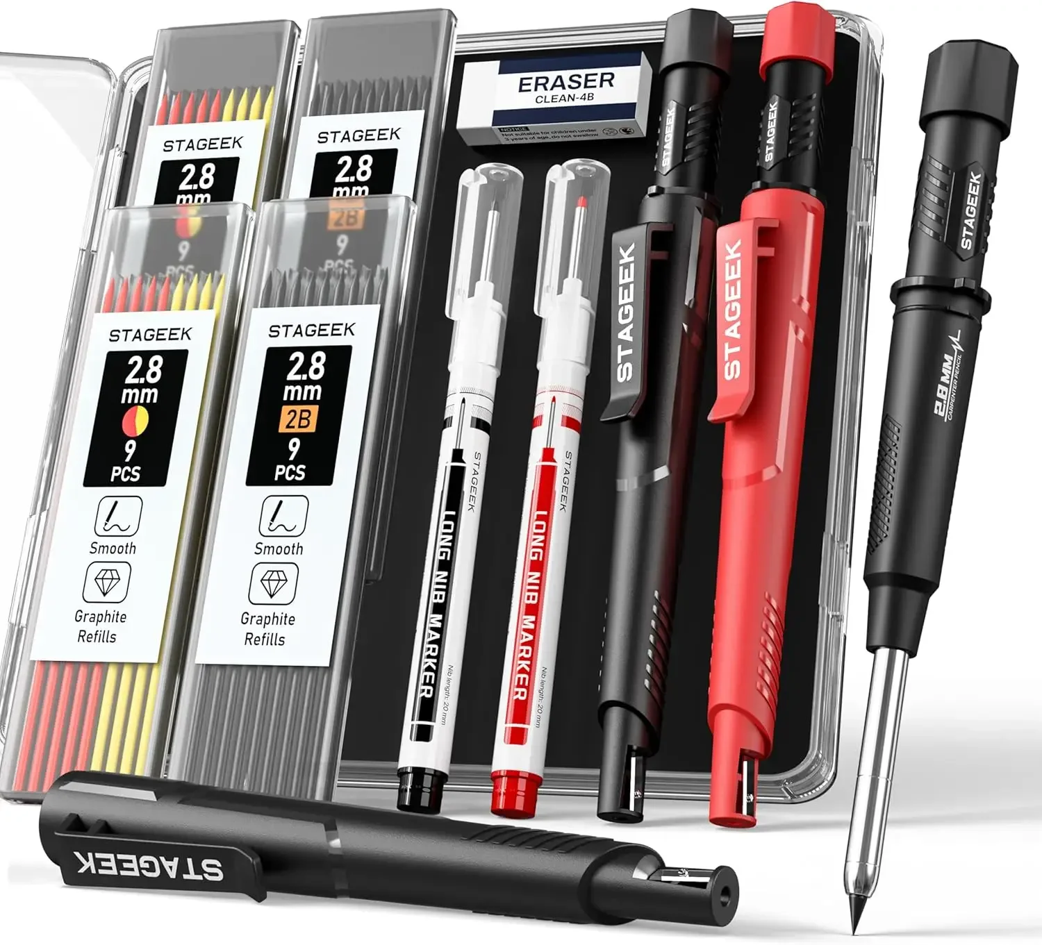 

2 Pack Mechanical Carpenter Pencils With Sharpener, 38 Refills, Long Nib For Deep Hole Marking