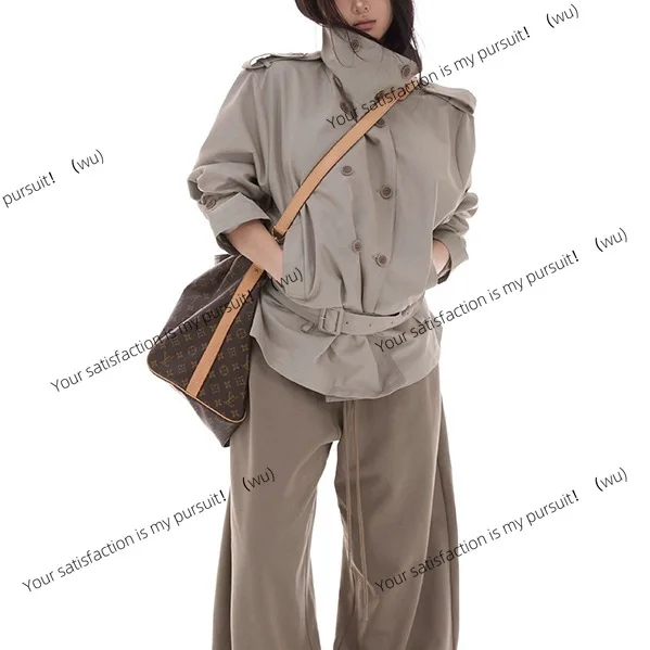 

Soft profile lake gray loose stand-up collar short trench coat women's autumn new products