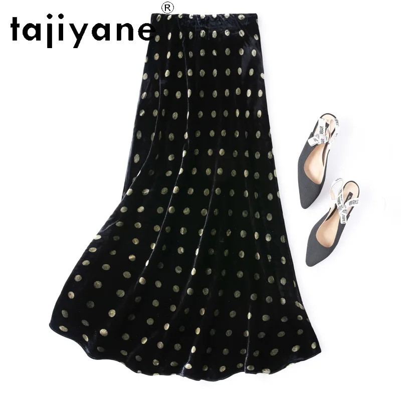 TAJIYANE Real Silk Velvet Women's Skirts Black Vintage Polka Dot Skirt Elastic Waist Skirts 2026 Woman Slim‑Fit Maxi Skirt Юбка