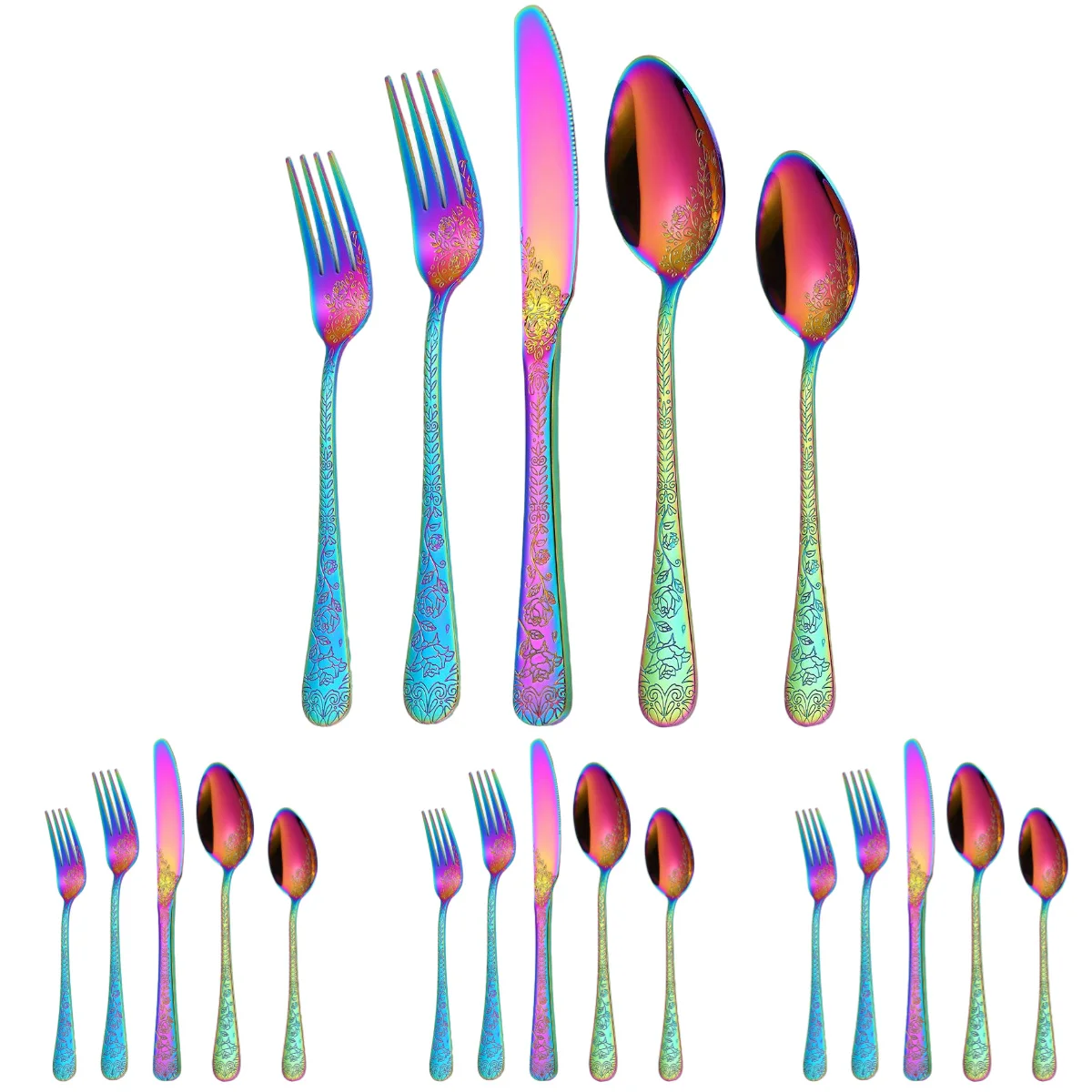 

A · HOUSEWARE Rainbow Embossed Flatware Set 20 Piece Stainless Steel Silverware for 4 Cutlery with Floral Design Eating Utensils