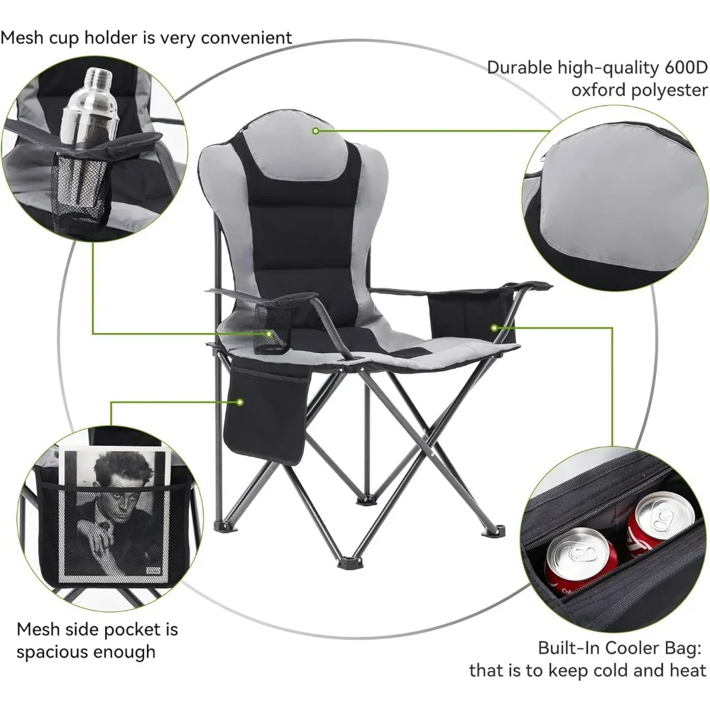 Camping Chair 2-Pack, Heavy Crowd, Outdoor Folding Camping Chair with Cup Holder & Cooler Bag, Outdoors, Up to 300 lbs