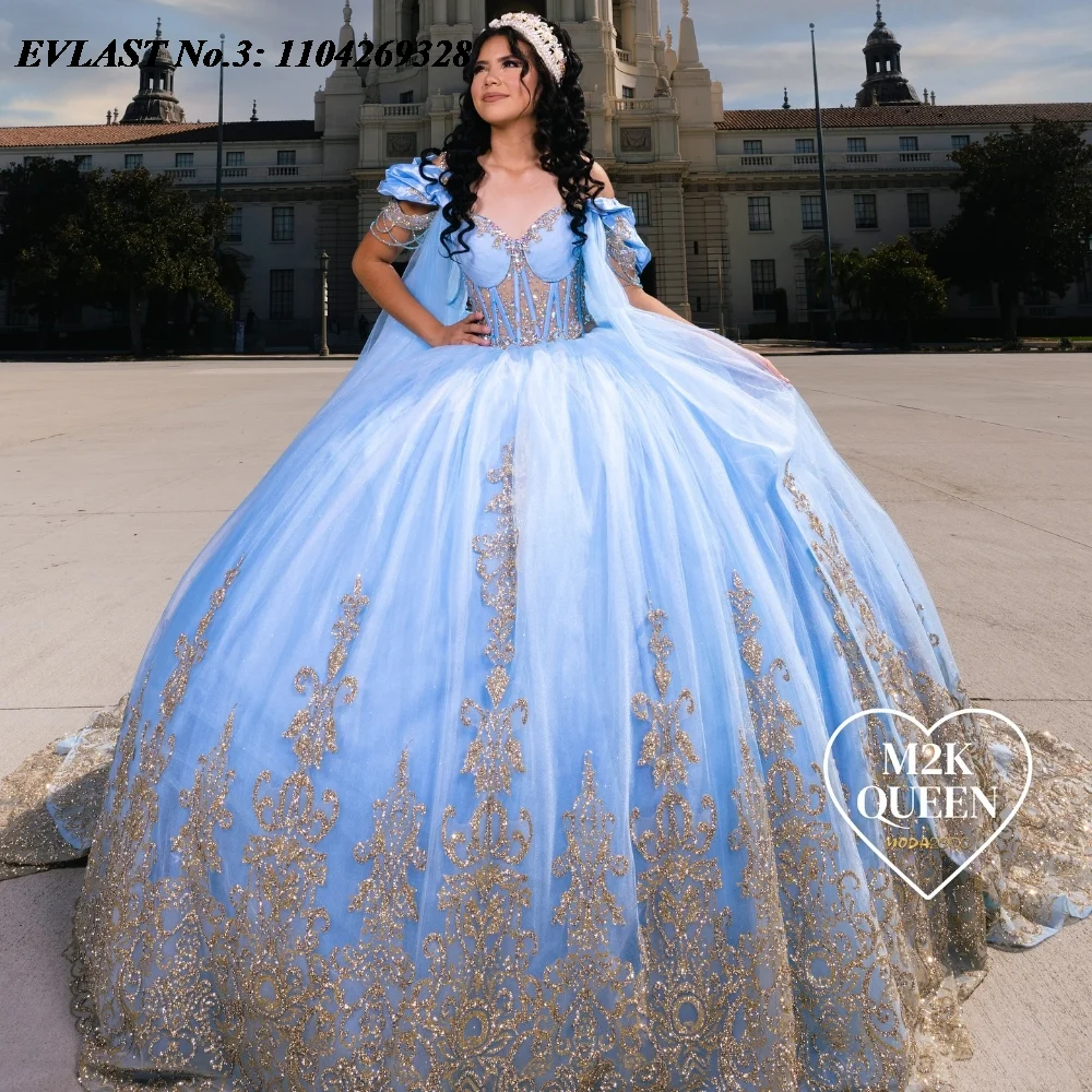 EVLAST Customized Mexican Blue Quinceanera Dress Ball Gown Gold Lace Applique Beaded Corset Sweet 16 Vestido De 15 Anos E3Q223