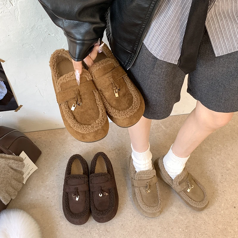 Plus Size Women Shearling Flats Furry Lambswool Mocasines Mujer Warm Cotton Shoes Ladies Slip on Sheep Fur Lined Loafers Winter