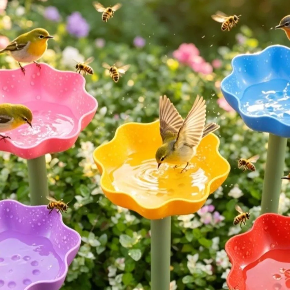 Weather Resistant Flower Shape Garden Birdbath Detachable Plastic Bird Water Feeder Creative Garden Stake Backyard