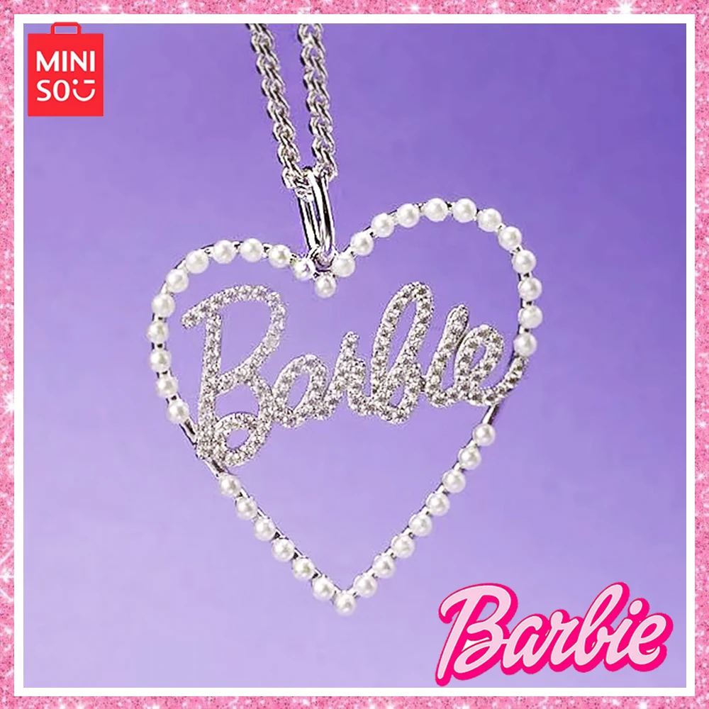 Miniso Barbie Y2K Sweet Cool Love Heart Pearl Necklace with Diamonds Silver Fashion Pendant Collarbone Chain Girl Birthday Gift