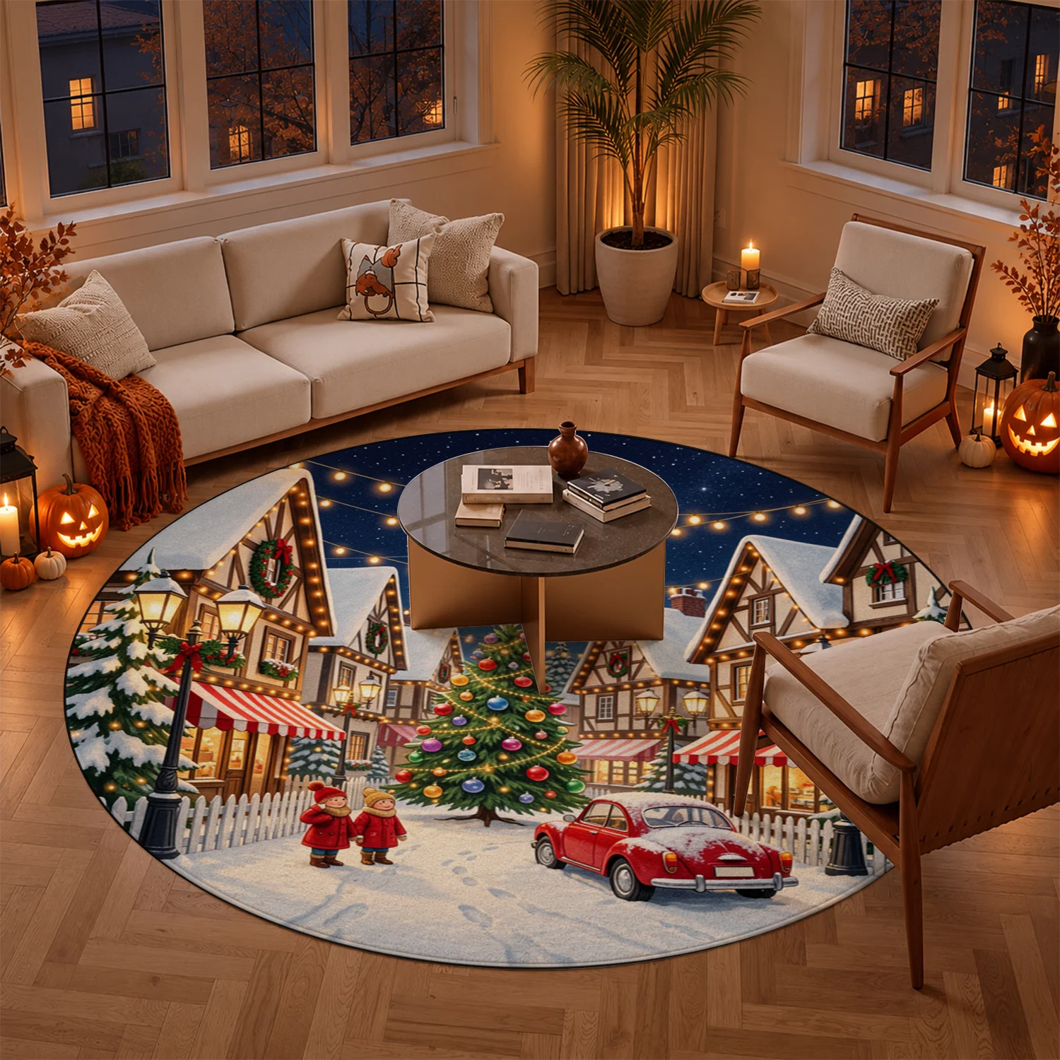 Christmas Snowy Town Scene Round Velvet Rug, Machine Washable Soft Decorative Mat for Entryway, Living Room, Bedroom, Holiday Spaces, Ideal for Halloween, Thanksgiving, Christmas, New Year, Black Friday, Cyber Monday