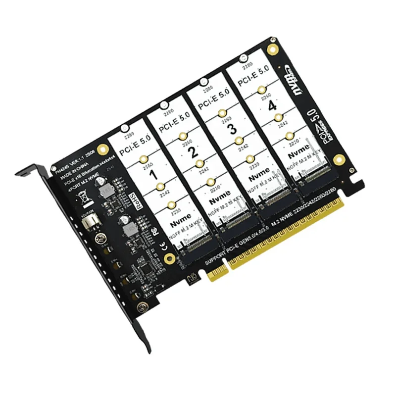 GEN5 PCI-E X16 to 4 Port NVME SSD Adapter Bifurcation  M.2 NVME 128Gbps Raid Card for PC Computer Server Motherboard