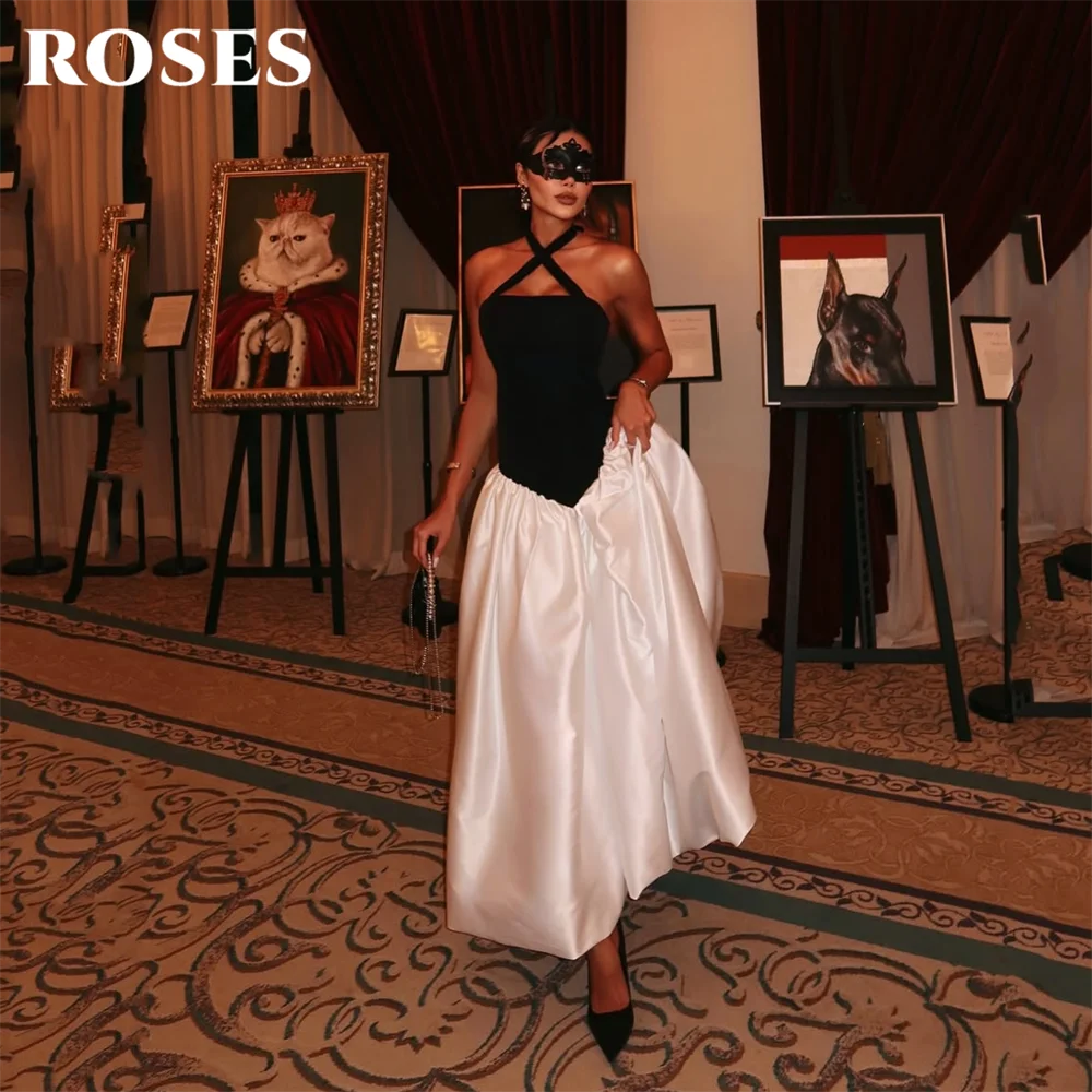 ROSES Black-White Prom Dress Crisscross Halter Celebrity Dress Voluminous Satin Women's Evening Dresses Formal Gown Customized