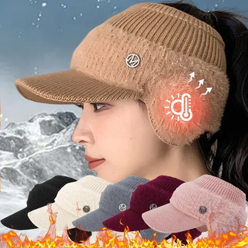 Autumn Winter Women\'s Knitted Fleece Hat Ladies with Earflaps Hats Empty Top Keep Warm Baseball Caps for Female Ear Protection