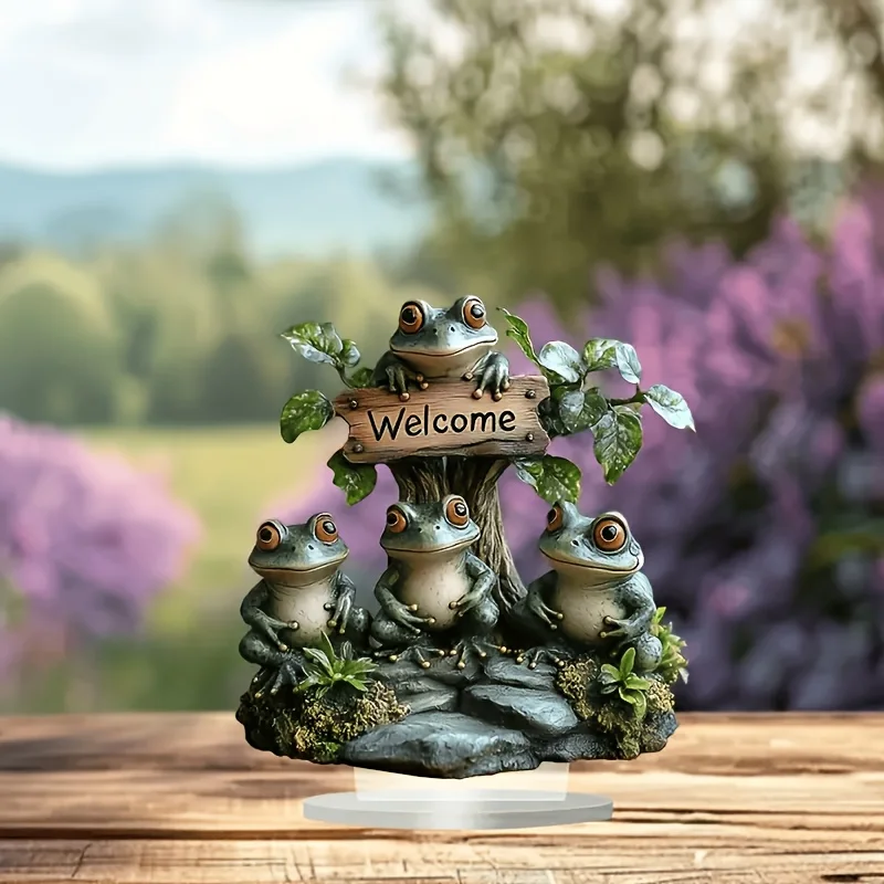Frog Greeting 2D Acrylic Tabletop Ornament Set Animal Motif Desk Decor Household Workplace Bistro Versatile Lounge Decor Gift