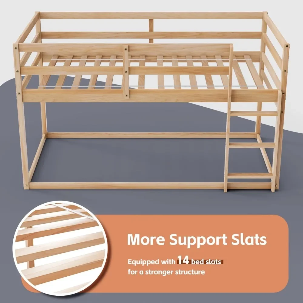 Low  Twin Over Twin, Floor Bunk Bed with Ladder, Twin  with Full Guardrails, Wooden Bunk Bed