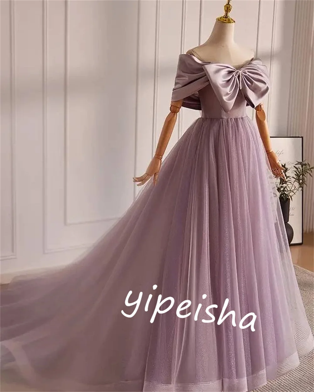 Organza Bow Homecoming A-line Off-the-shoulder Bespoke Occasion Gown Long Dresses