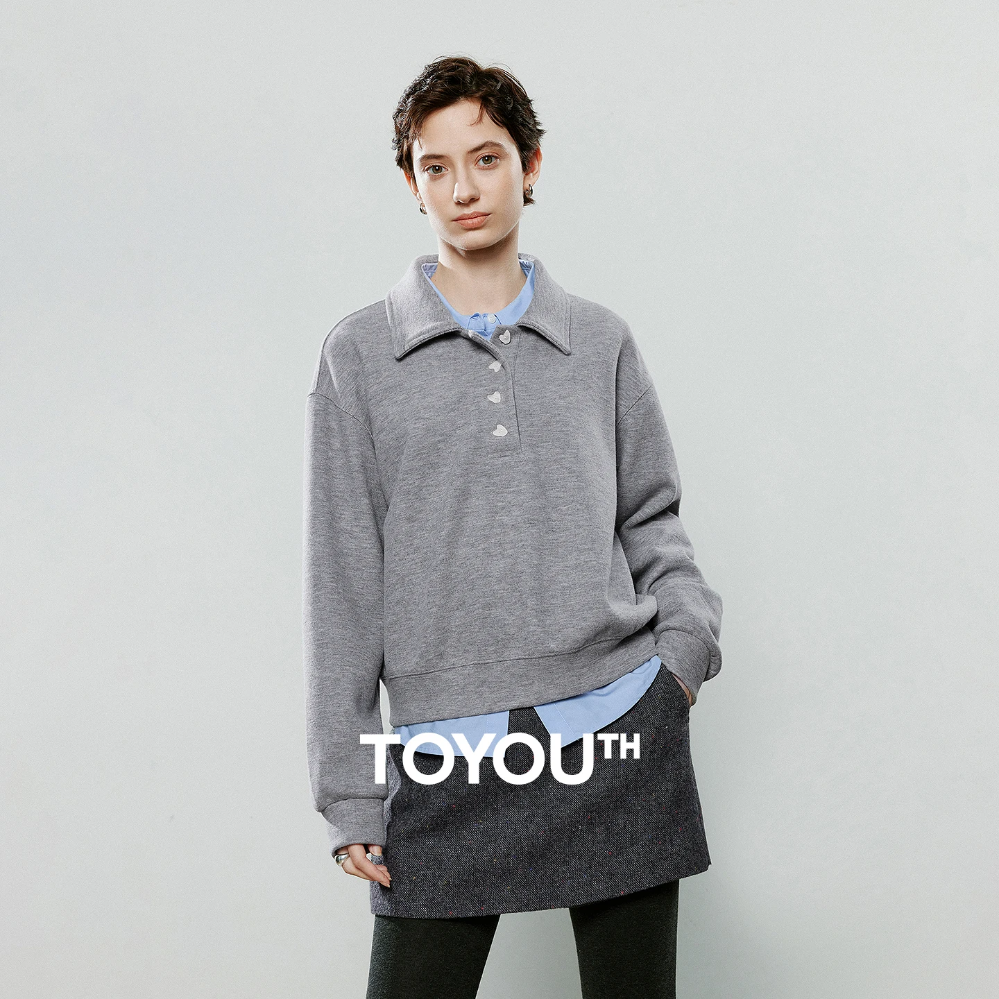 TOYOUTH Women Hoodie 2025 Winter New Heart-Shaped Button Loose Polo Collar Top