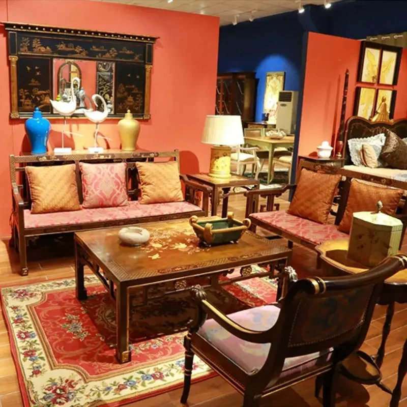 DSA luxury new Chinese classical solid wood red-brown sticker gold foil hand-painted peony coffee table corner