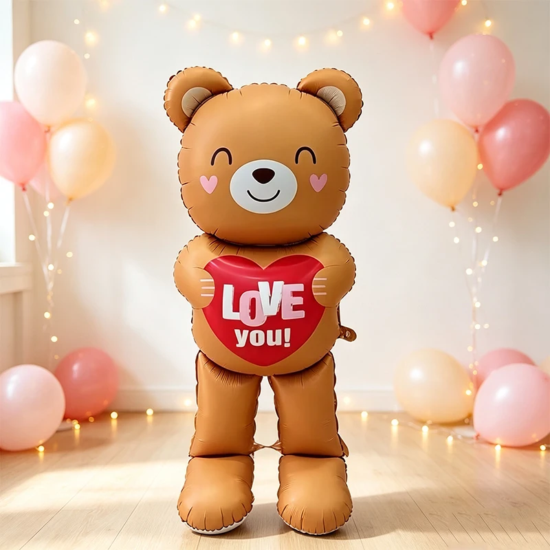 1 globo de aluminio con forma de oso de 155 cm, oso de dibujos animados sosteniendo un globo con forma de corazón.