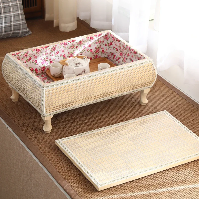 طاولة قهوة منسوجة من حصير التاتامي مصنوعة من الخشب الصلب، طاولة عتبة النافذة لغرفة النوم، طاولات شاي يابانية منخفضة الجلوس، طاولة تاتامي مصنوعة يدويًا #3