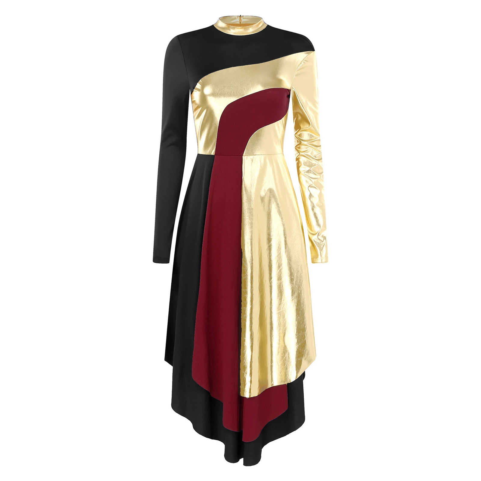 Women Liturgical Worship Lyrical Dance Dress Church Choir Praise Costume Long Sleeve Contrast Color Patchwork Dresses Dancewear