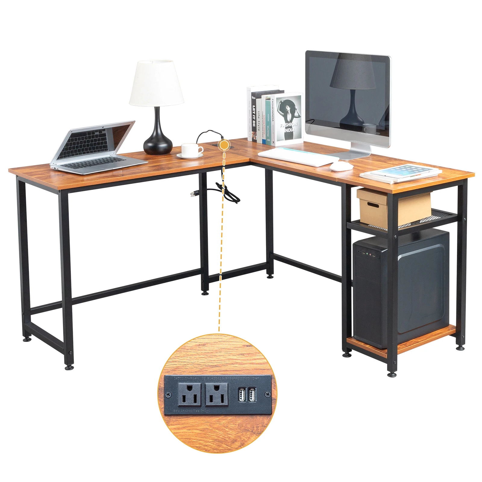 

L-Shaped Desktop Computer Desk with Power Outlets & Shelf Tiger wood