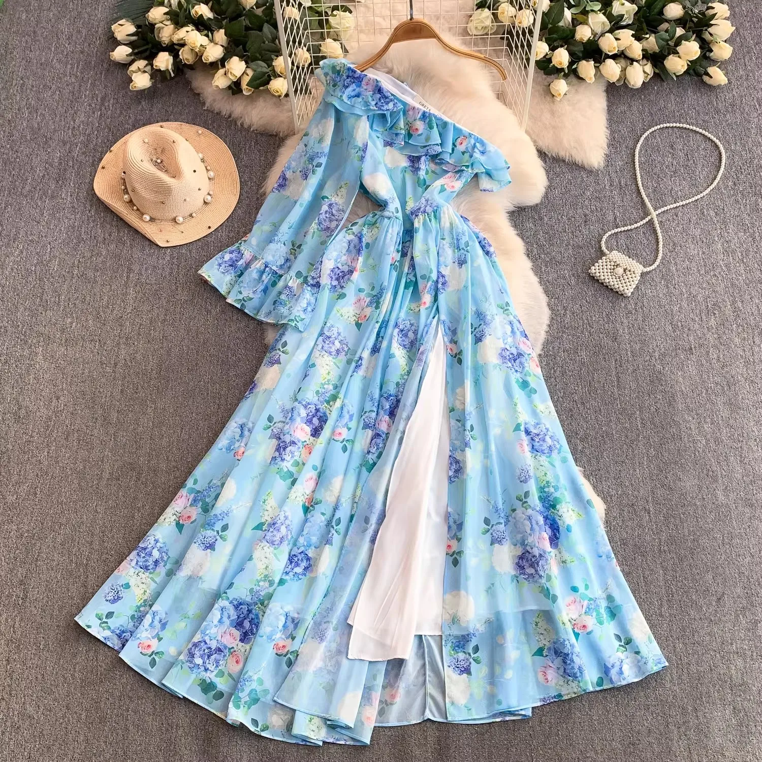 

2026 Summer Holiday Beach Chiffon Dress Women's Ruffles One Shoulder Flare Sleeve Floral Print High Waist A-Line Big Swing Vacat