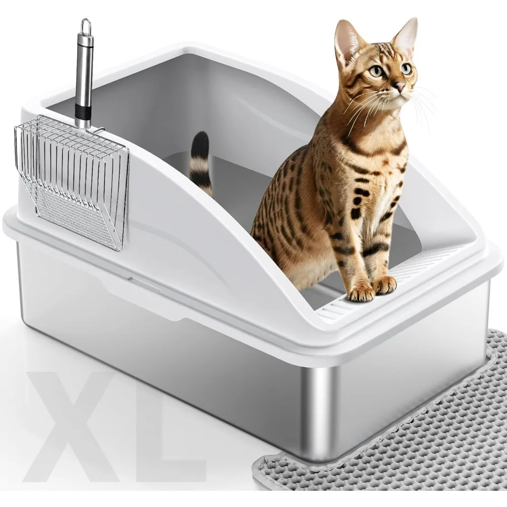 

Stainless Steel Cat Litter Box, Anti-Urine Leakage Litter Box with High Sides, Lid, Easy Clean, Non-Sticky, Cat Mat, Metal Scoop