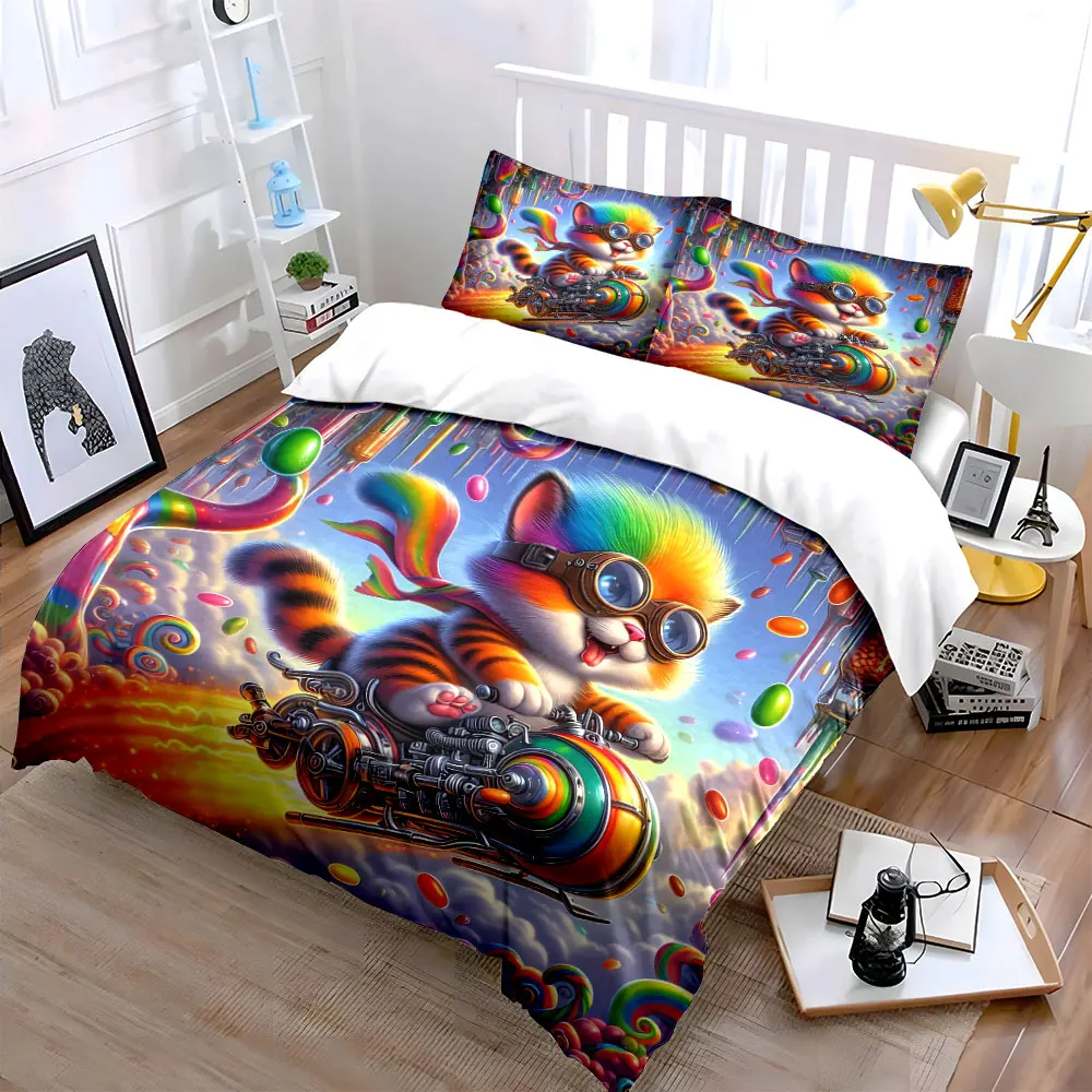 3Pcs Rainbow Candy Tabby Cat Flying Motorcycle Duvet Cover Set, Magical Sky Kids Bedding Single Double King Queen, Gift