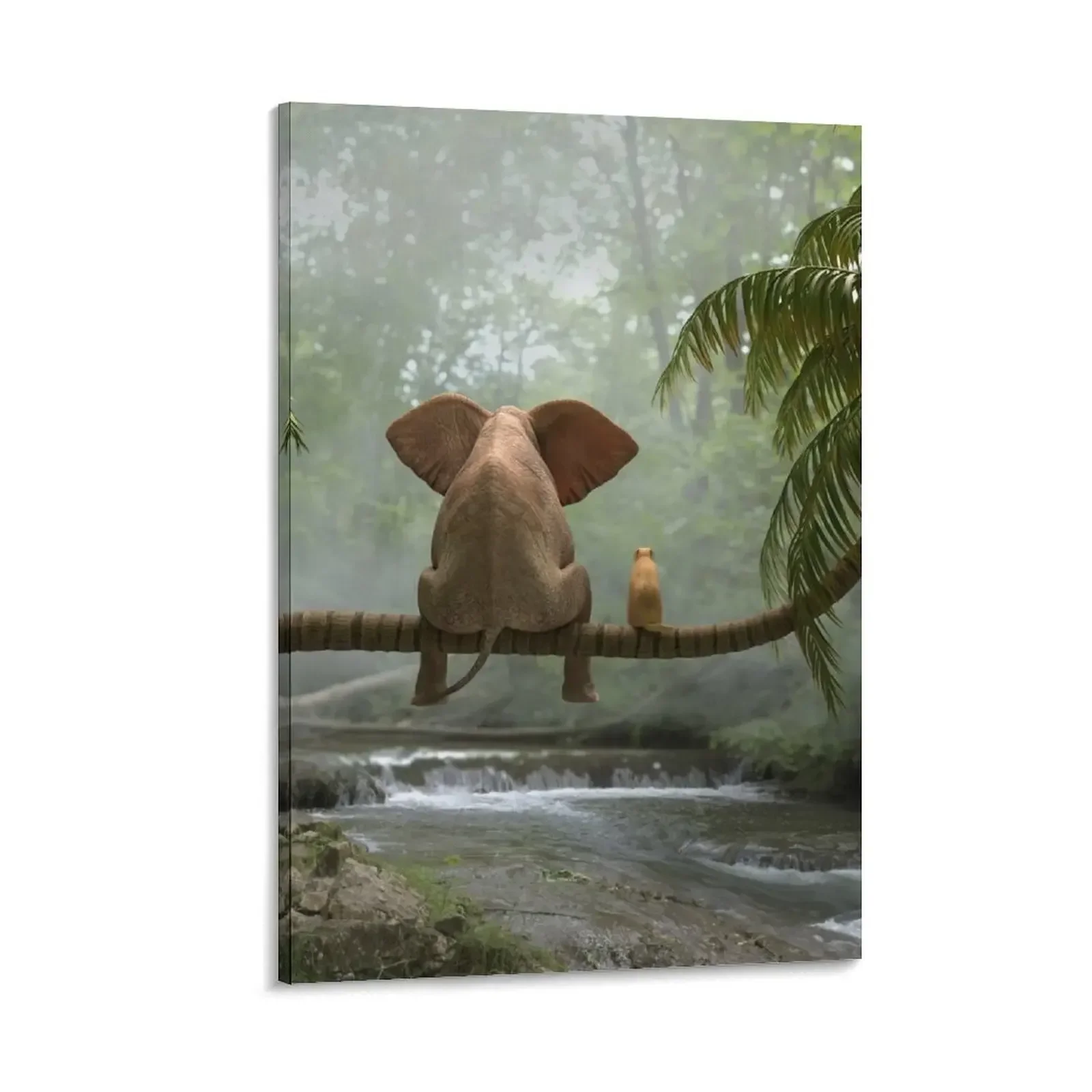 

elephant and dog sit on a palm tree in tropical forest Canvas Painting posters anime interior paintings japanese room decor