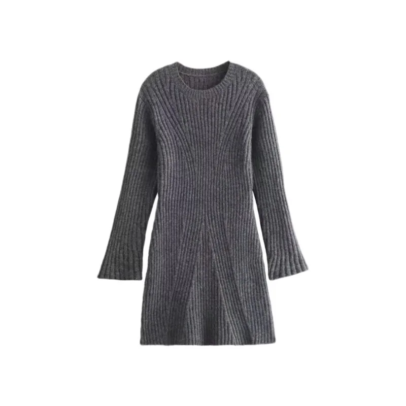 Femmes tricoté mince a-ligne moulante blanc robe mince col rond à manches longues robe solide décontracté Midi robe pull côtelé automne hiver